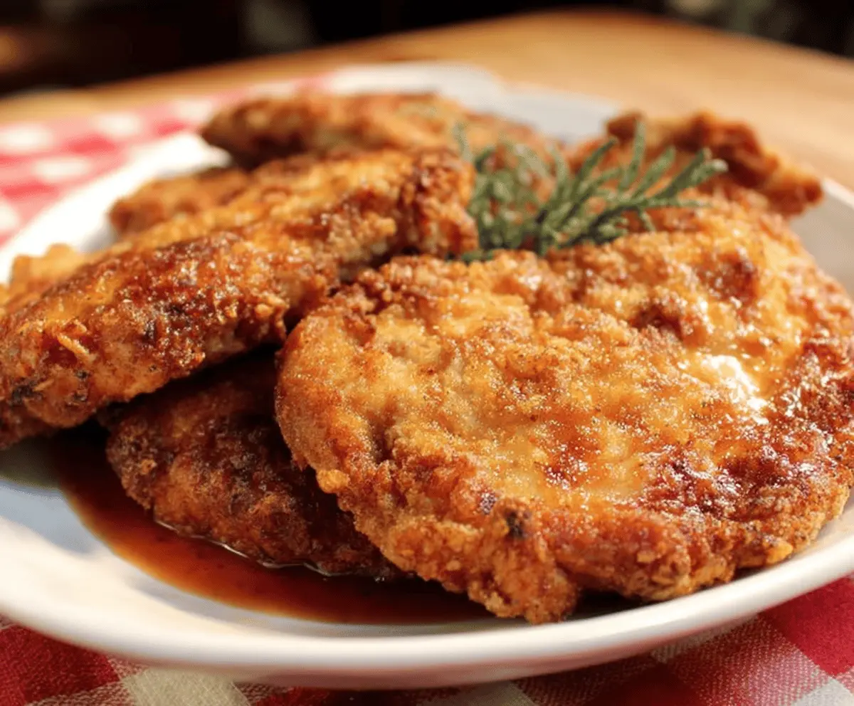 Golden crispy country fried pork chops served on a plate, featuring a crunchy breaded exterior and juicy meat inside, perfect for a comforting Southern-style meal.