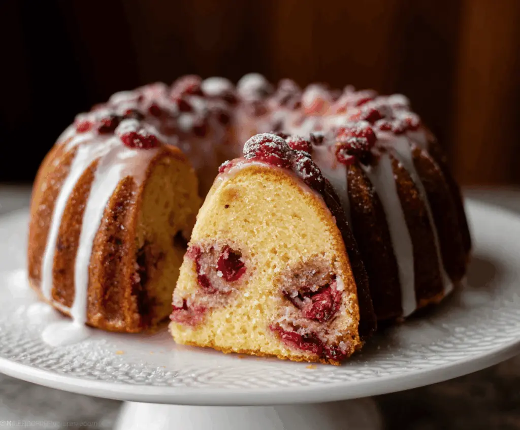 Delicious homemade cranberry Bundt cake garnished with fresh cranberries and powdered sugar, perfect for holiday celebrations.