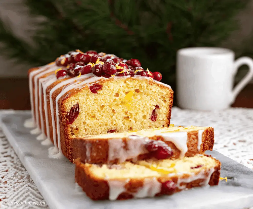 Delicious cranberry orange pound cake with fresh cranberries and orange zest on top, perfect for holiday desserts