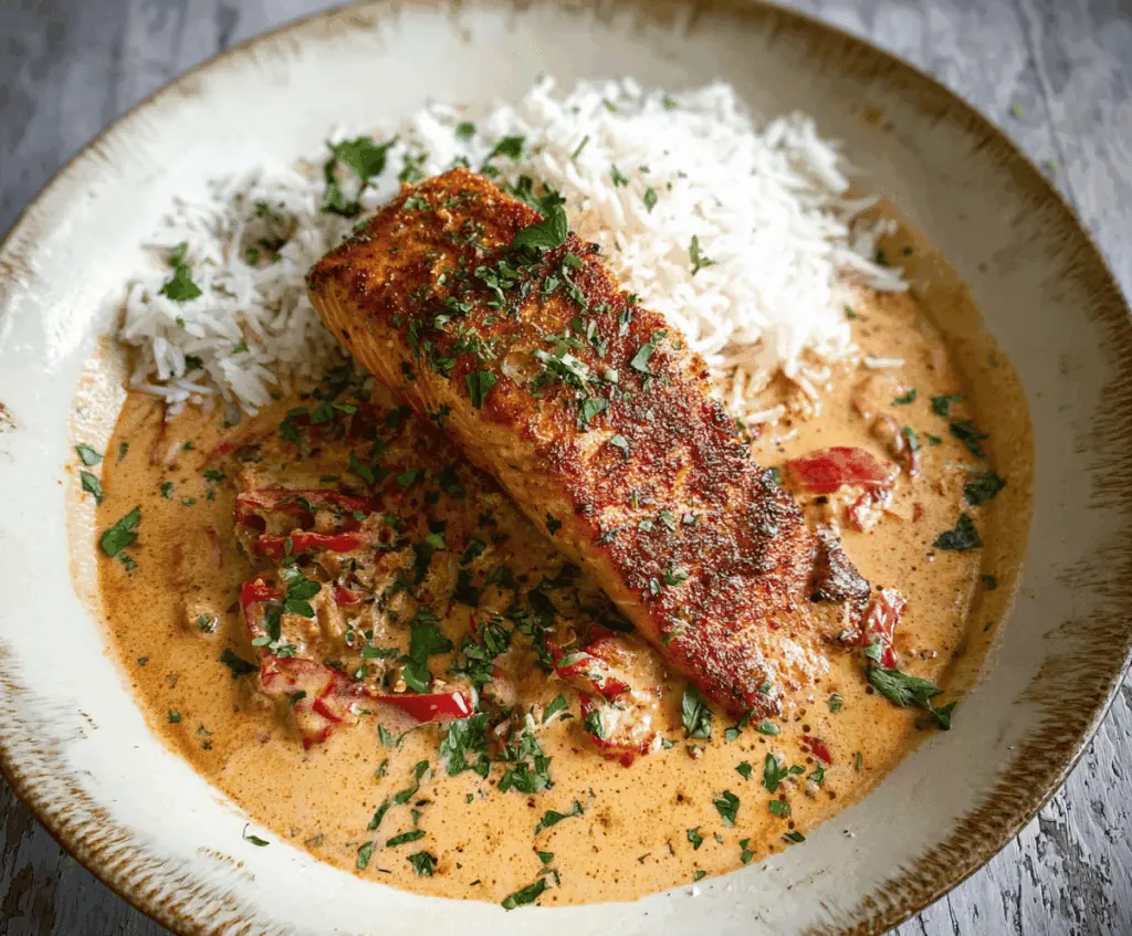 Creamy Cajun Pepper Salmon fillet garnished with fresh herbs on a white plate, close-up of a delicious seafood dish.