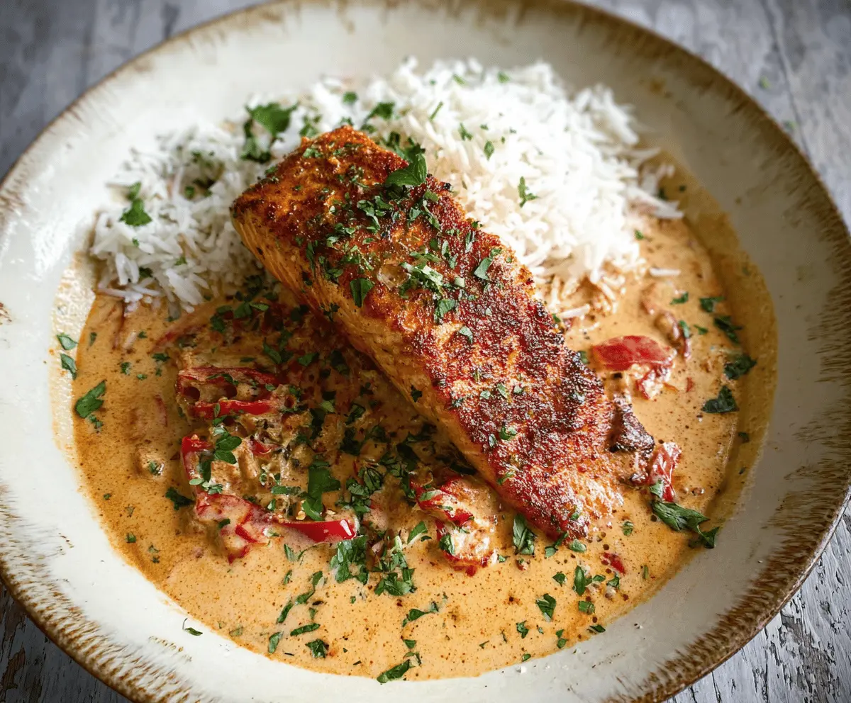 Creamy Cajun Pepper Salmon fillet garnished with fresh herbs on a white plate, close-up of a delicious seafood dish.