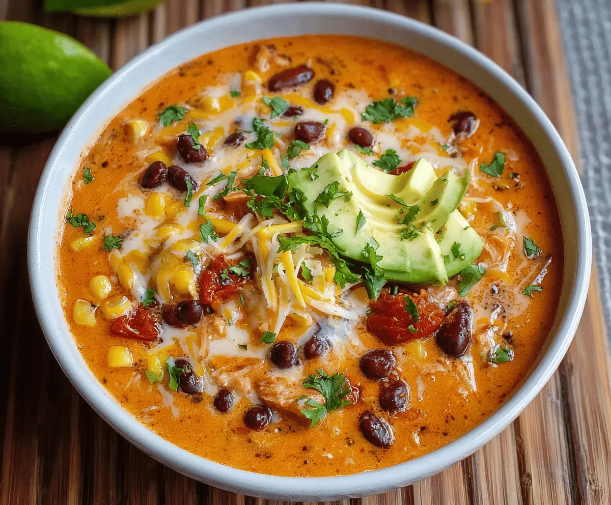 A bowl of creamy enchilada soup garnished with shredded cheese, fresh cilantro, and sliced jalapeños, served with tortilla chips on the side.