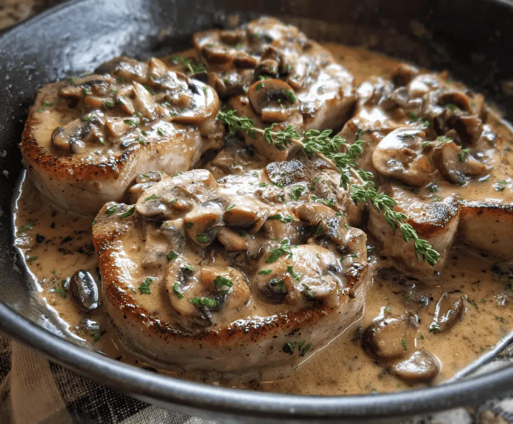 Creamy mushroom pork chops served with fresh herbs on a white plate, featuring tender pork chops topped with a rich mushroom sauce, perfect for a flavorful dinner.