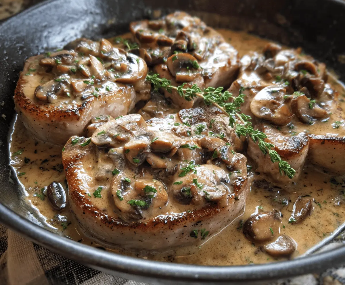 Creamy mushroom pork chops served with fresh herbs on a white plate, featuring tender pork chops topped with a rich mushroom sauce, perfect for a flavorful dinner.