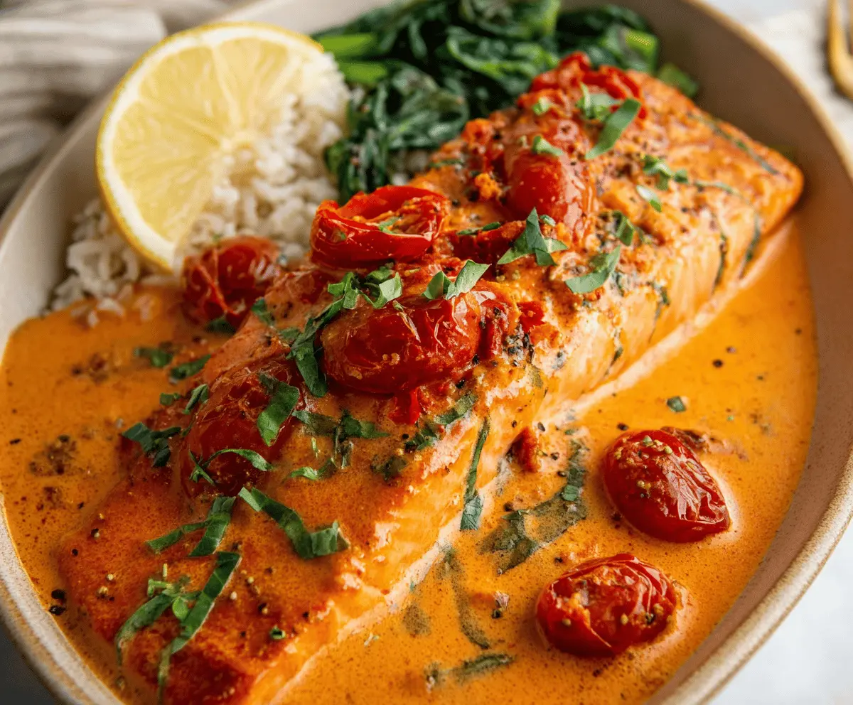 Creamy roasted red pepper salmon fillet garnished with fresh herbs on a white plate, served with roasted vegetables