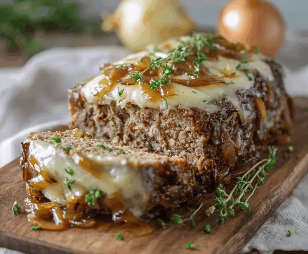 Crockpot French Onion Meatloaf topped with melted Swiss cheese, served with caramelized onions and herbs