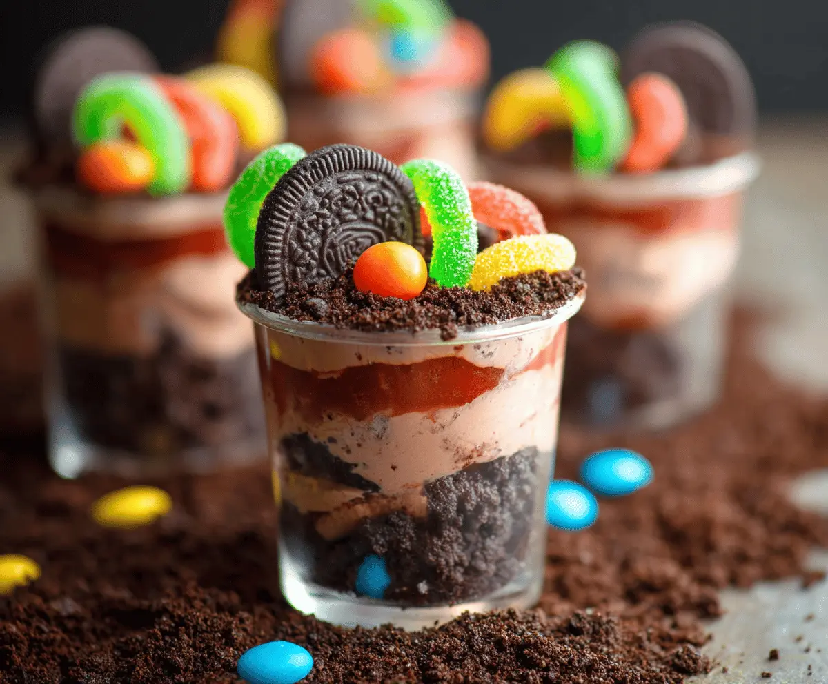 Delicious dirt cups dessert topped with gummy worms and crushed cookies, perfect for kids' parties and Halloween treats.