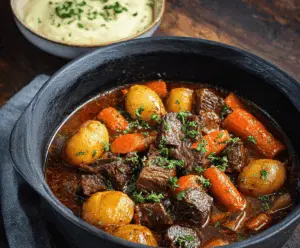 Hearty Dutch Oven Beef Stew with tender beef chunks, potatoes, carrots, and fresh herbs in a rustic bowl.
