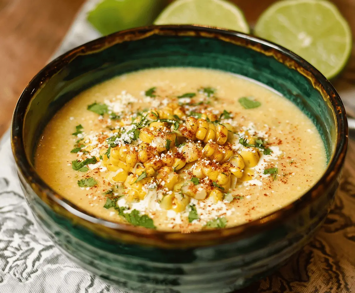 Creamy Elote Corn Soup topped with cilantro and crumbled cheese in a bowl, served with fresh lime wedges