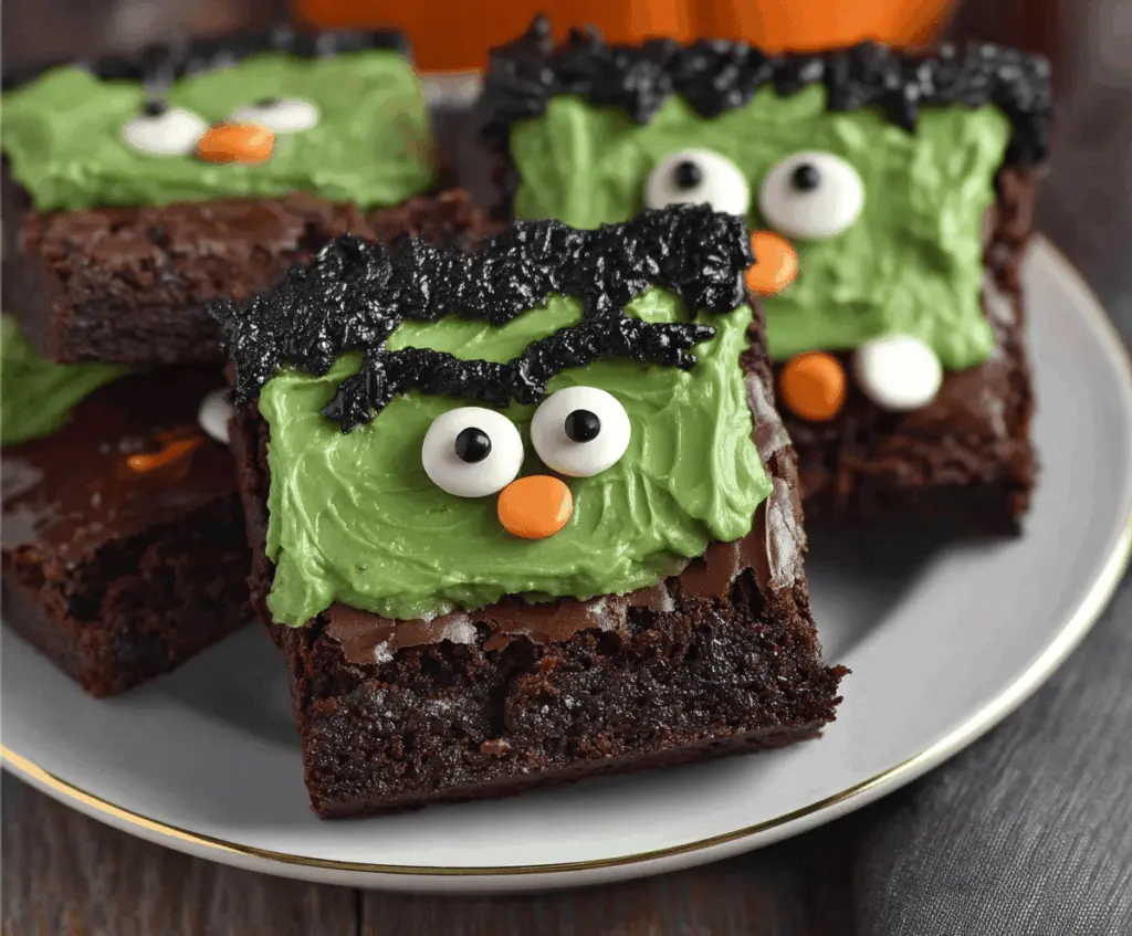 Delicious Frankenstein Brownies with green frosting, gummy eyes, and candy decorations, perfect for Halloween treats