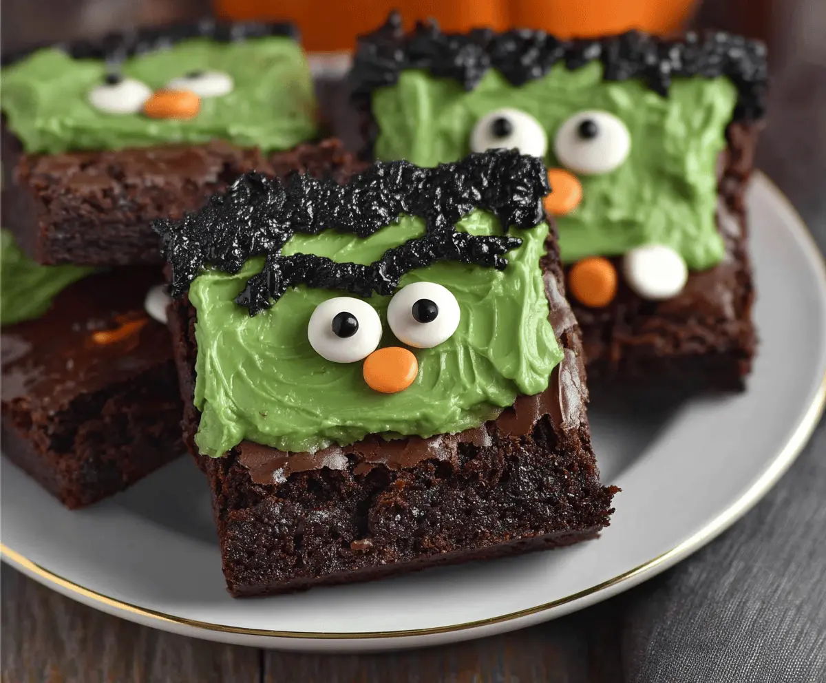 Delicious Frankenstein Brownies with green frosting, gummy eyes, and candy decorations, perfect for Halloween treats