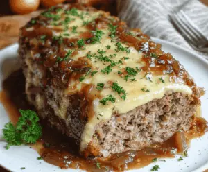 Delicious French Onion Meatloaf garnished with caramelized onions and fresh herbs.