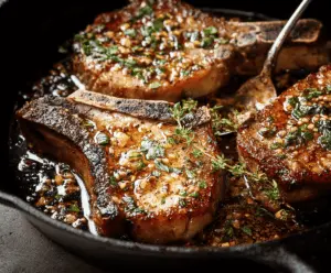 Juicy garlic butter pork chops served with fresh herbs on a rustic wooden table, perfect for a flavorful dinner