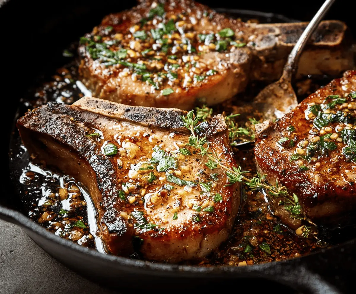 Juicy garlic butter pork chops served with fresh herbs on a rustic wooden table, perfect for a flavorful dinner