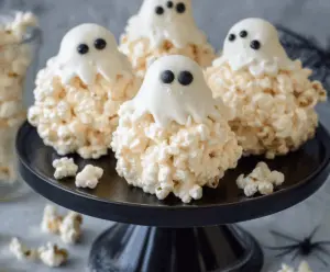 Delicious spooky Ghost Popcorn Balls decorated with white icing and black candy eyes for Halloween treats