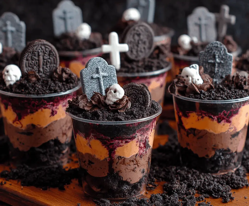 A spooky Halloween dessert featuring chocolate pudding layered with crushed cookies and decorated with gummy worms and candy tombstones for Graveyard Dirt Cups.