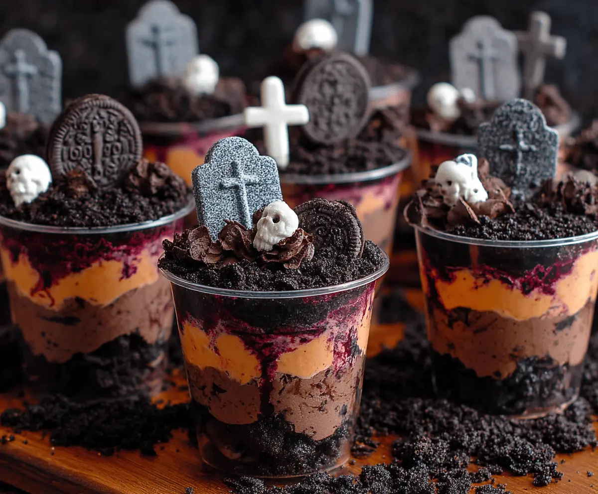 A spooky Halloween dessert featuring chocolate pudding layered with crushed cookies and decorated with gummy worms and candy tombstones for Graveyard Dirt Cups.