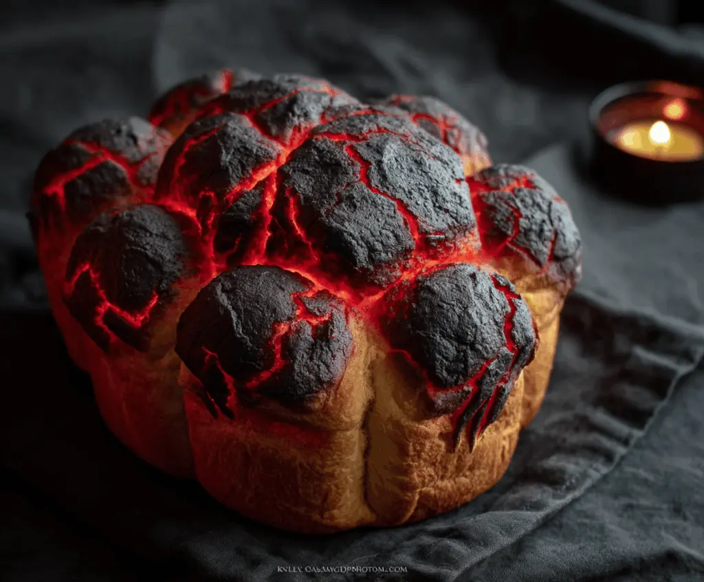 Spooky Halloween Brimstone Bread with fiery red and black swirl dough shaped like a sinister pumpkin for festive Halloween celebration