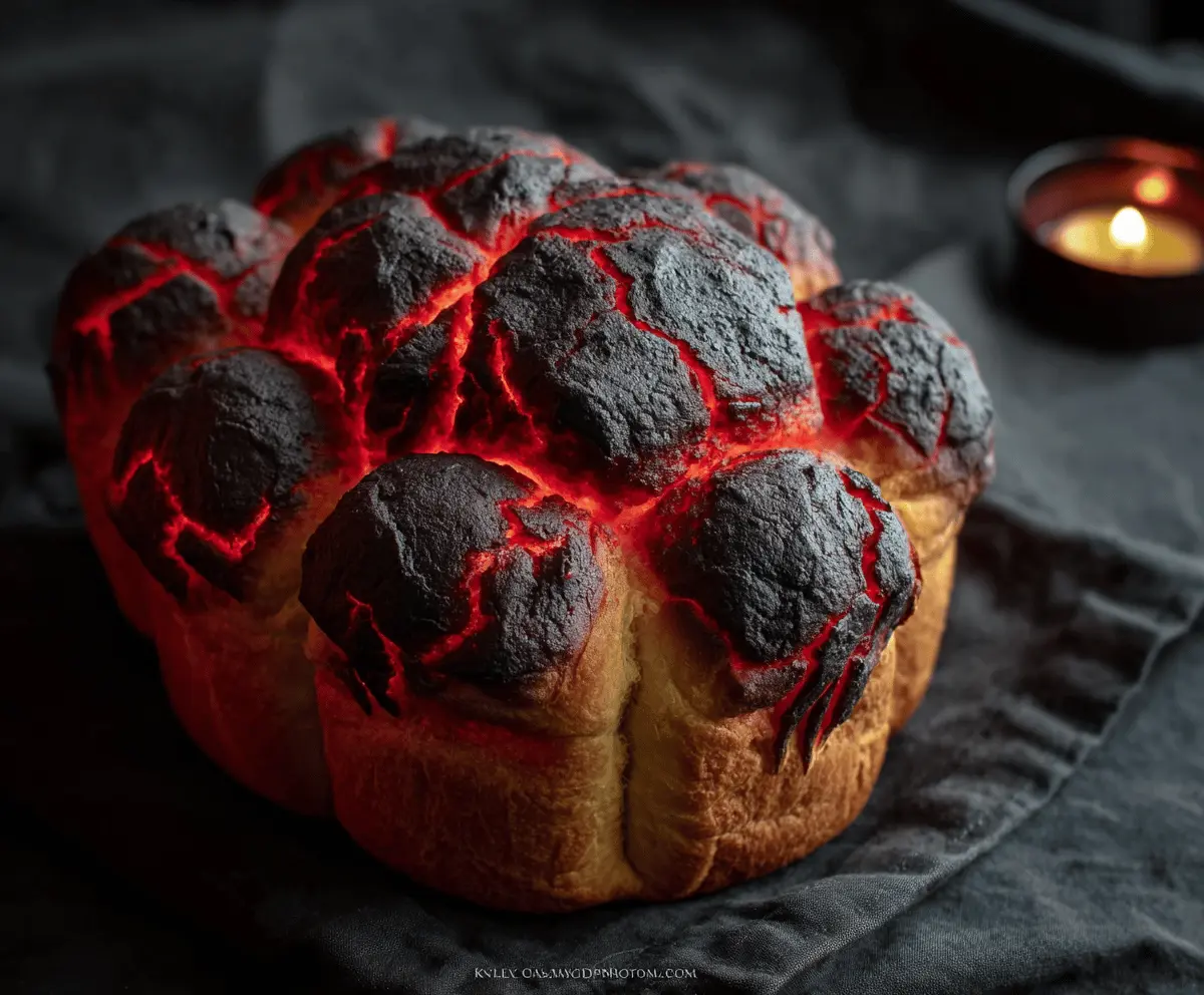 Spooky Halloween Brimstone Bread with fiery red and black swirl dough shaped like a sinister pumpkin for festive Halloween celebration