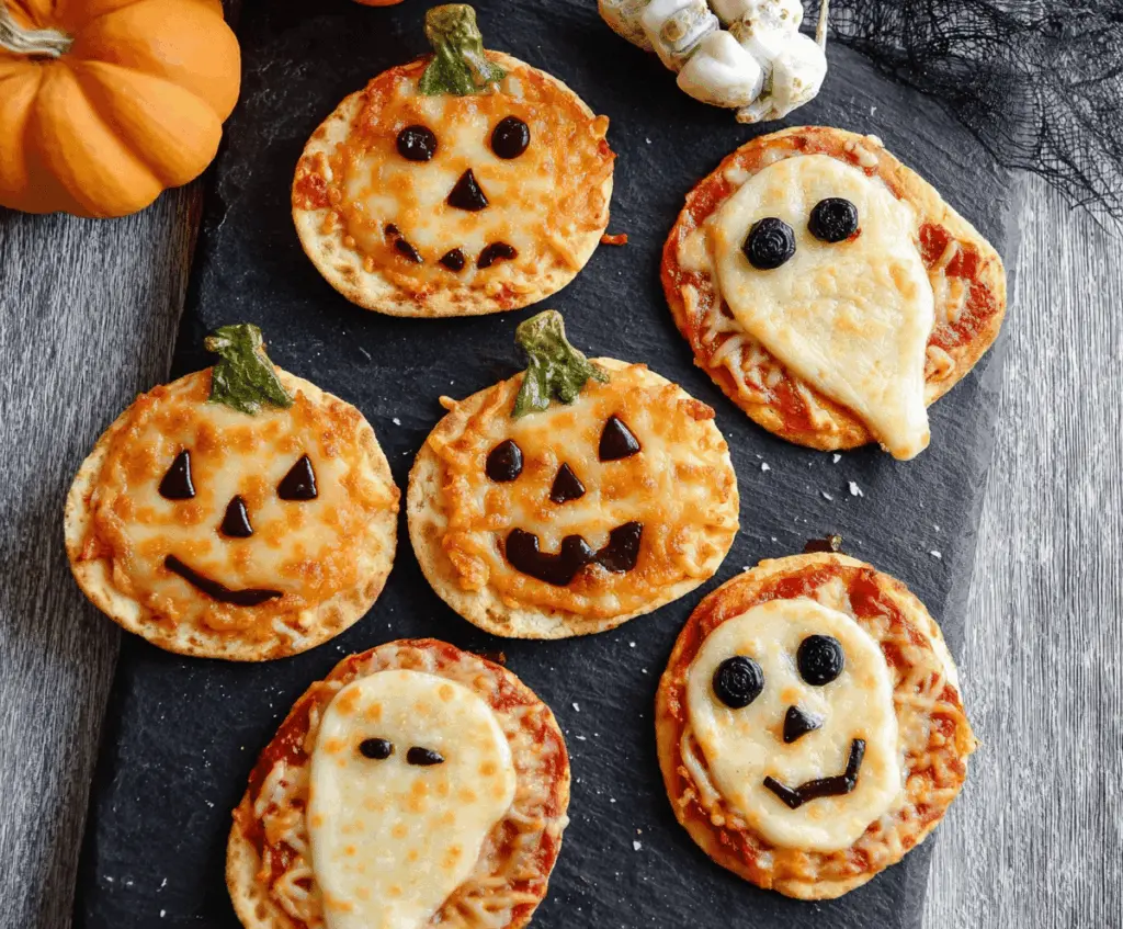 Delicious Halloween mini pizzas with spooky toppings on a festive plate, perfect for a themed party or trick-or-treat event.