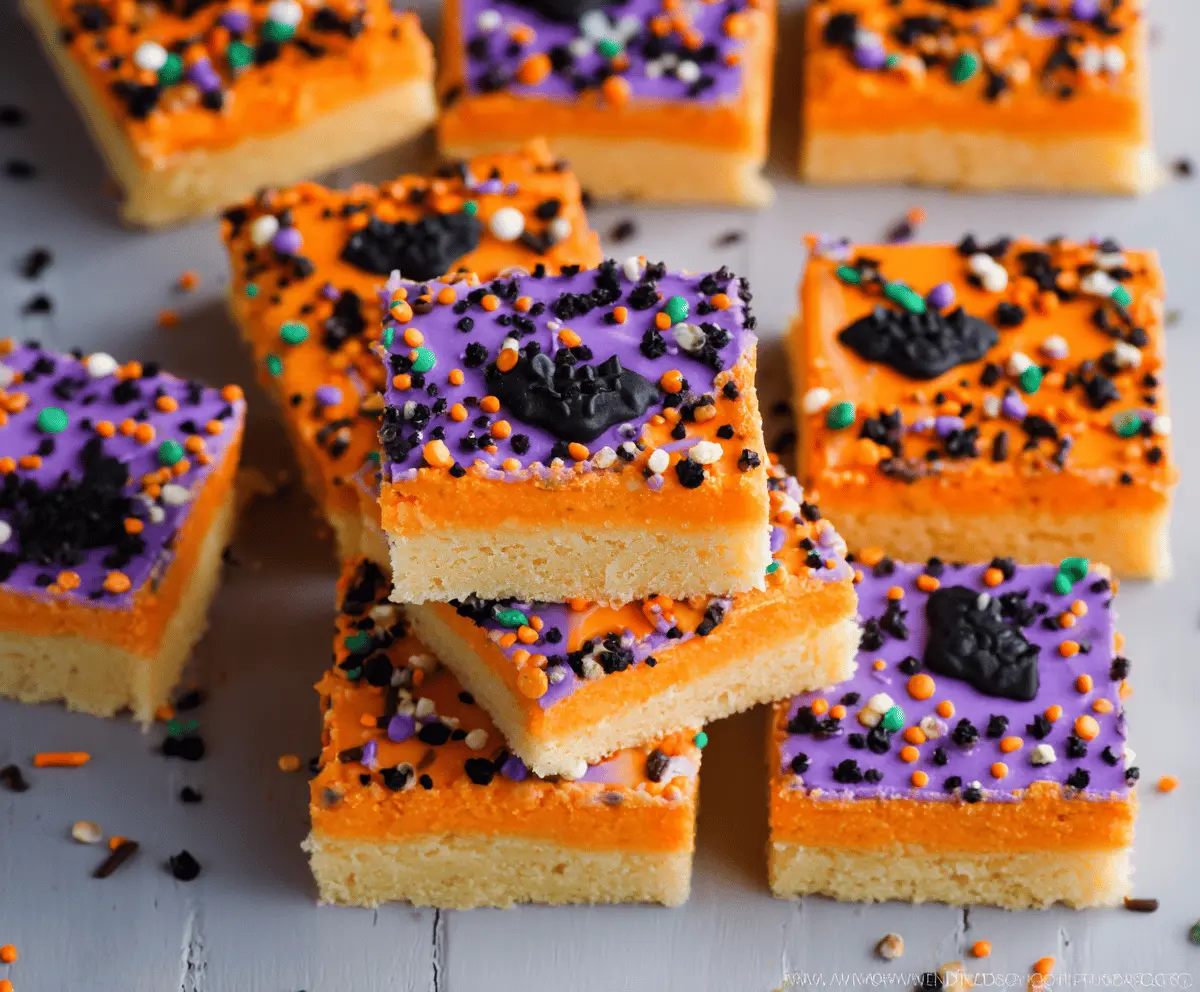 Delicious Halloween Sugar Cookie Bars topped with colorful icing and spooky Halloween decorations, perfect for festive treats.