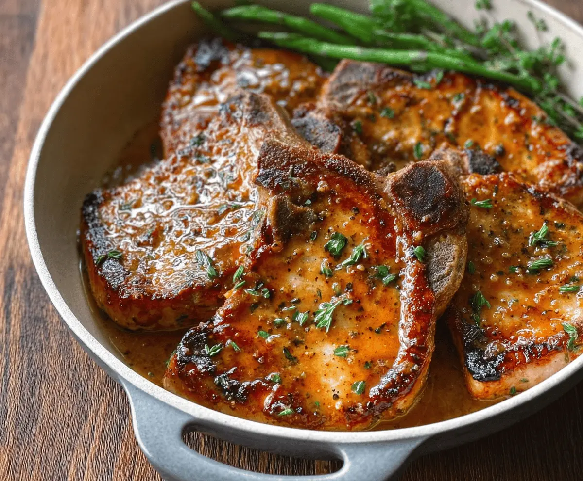 Juicy honey mustard pork chops plated with a side of vegetables for a delicious dinner.