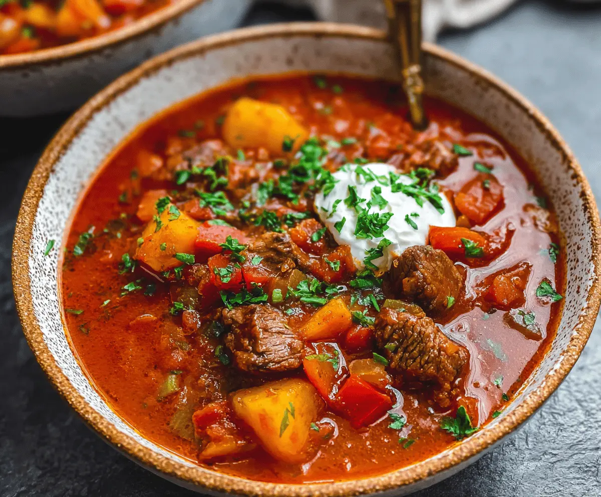 Delicious Hungarian Goulash featuring tender beef, hearty vegetables, and rich paprika sauce served in a rustic bowl.