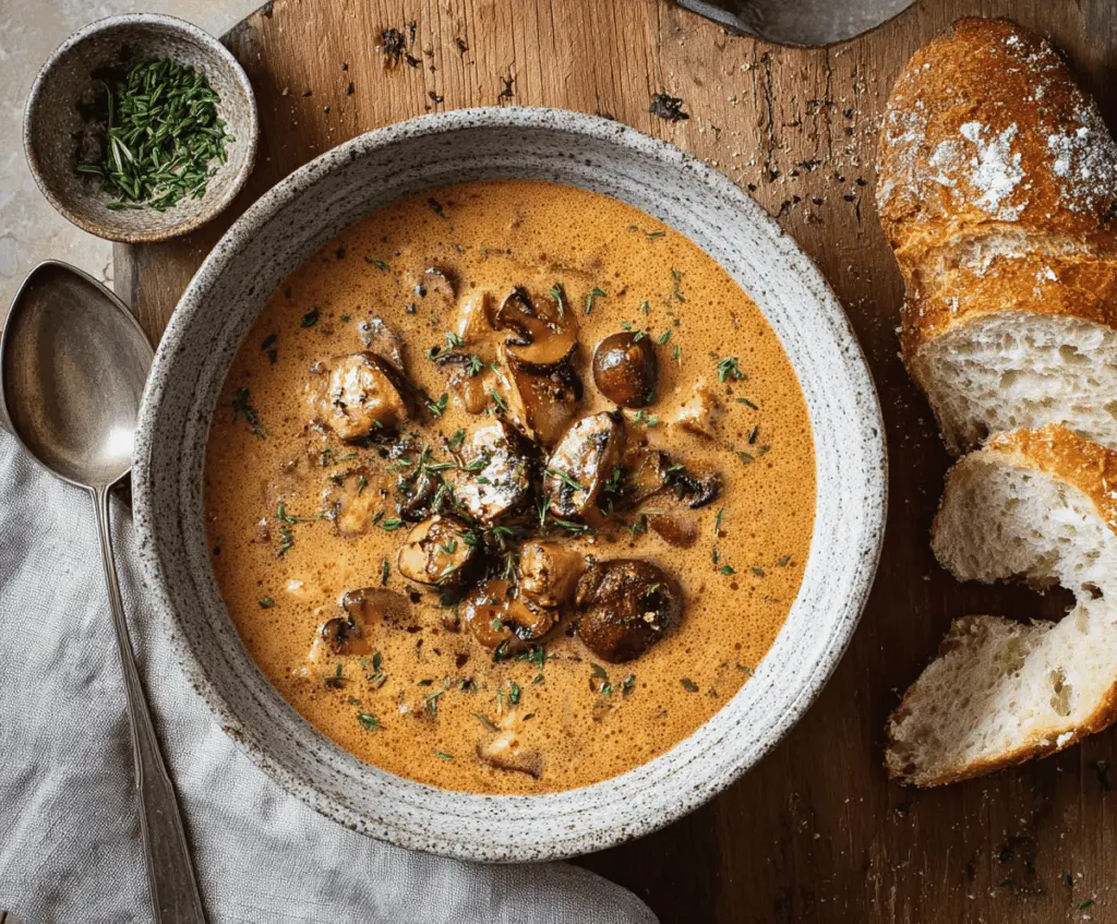 Creamy Hungarian Mushroom Soup in a bowl topped with fresh herbs, served with crusty bread, perfect for a comforting and savory meal.