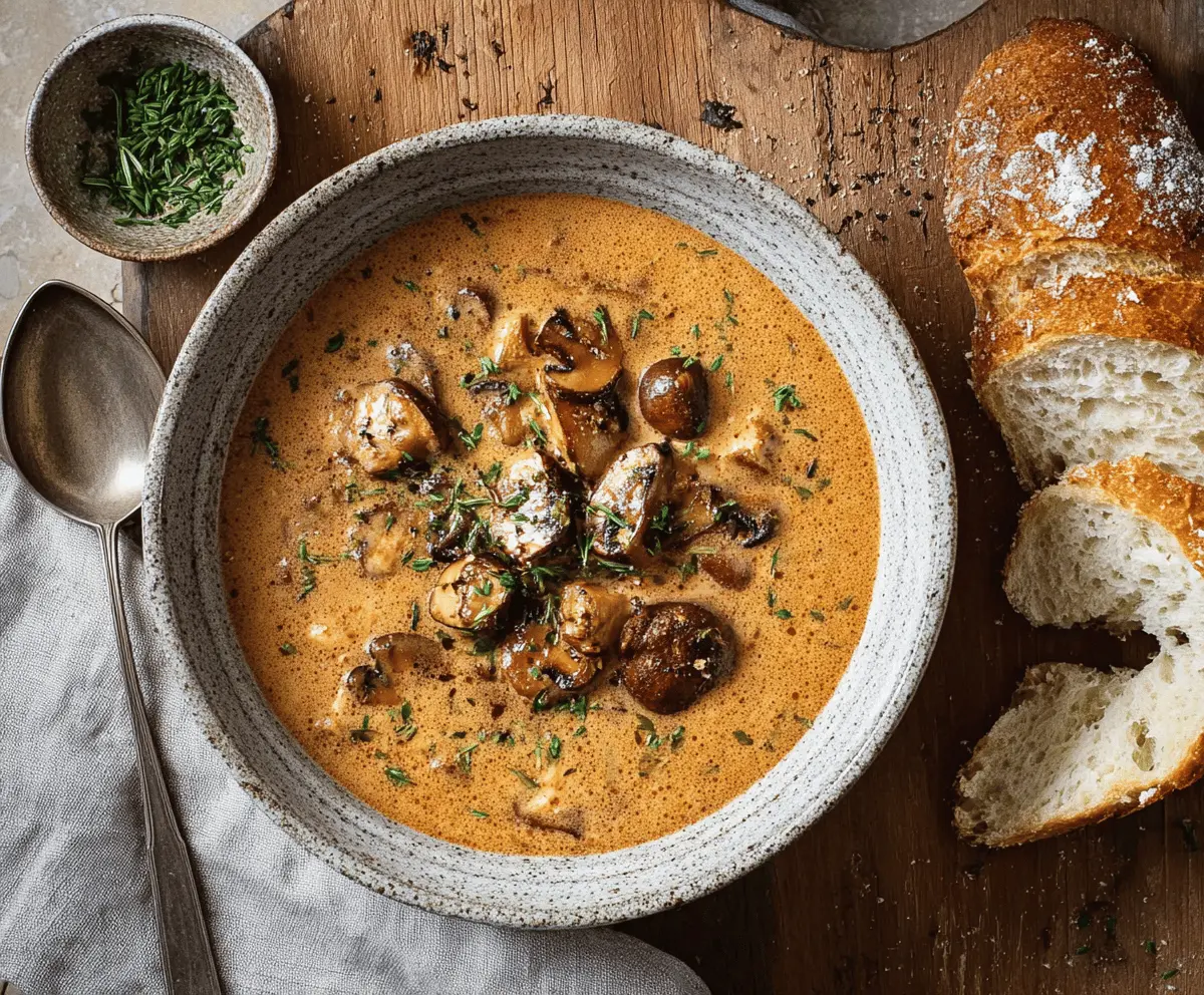 Creamy Hungarian Mushroom Soup in a bowl topped with fresh herbs, served with crusty bread, perfect for a comforting and savory meal.