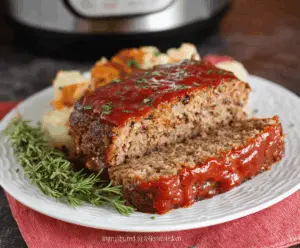 Delicious homemade Instant Pot meatloaf served with mashed potatoes and vegetables on a plate