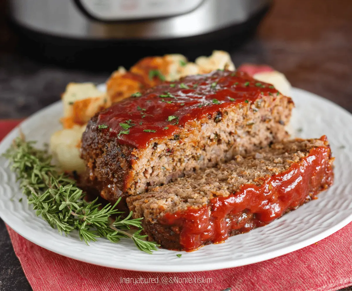 Delicious homemade Instant Pot meatloaf served with mashed potatoes and vegetables on a plate