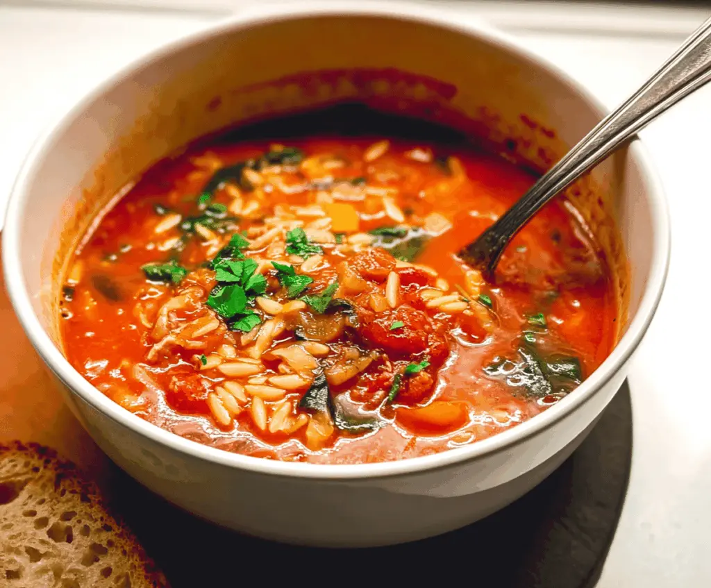 A bowl of hearty Italian Orzo Soup garnished with fresh herbs, showcasing tender pasta, vegetables, and flavorful broth, perfect for a comforting meal.