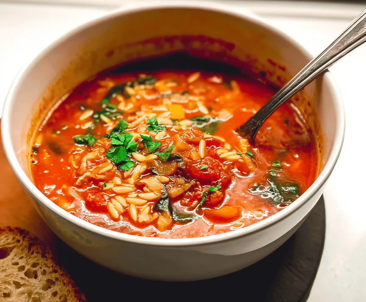 A bowl of hearty Italian Orzo Soup garnished with fresh herbs, showcasing tender pasta, vegetables, and flavorful broth, perfect for a comforting meal.