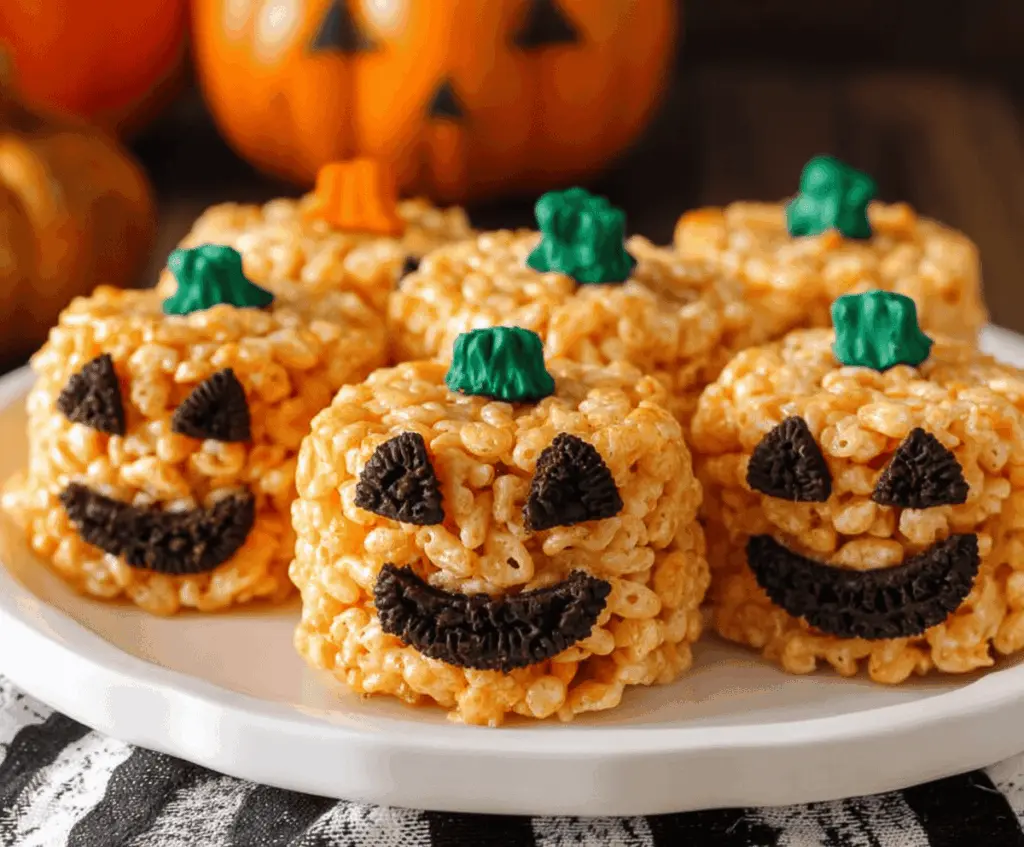 Festive Jack O Lantern Rice Krispie Treats decorated with orange and black icing, perfect for Halloween celebrations