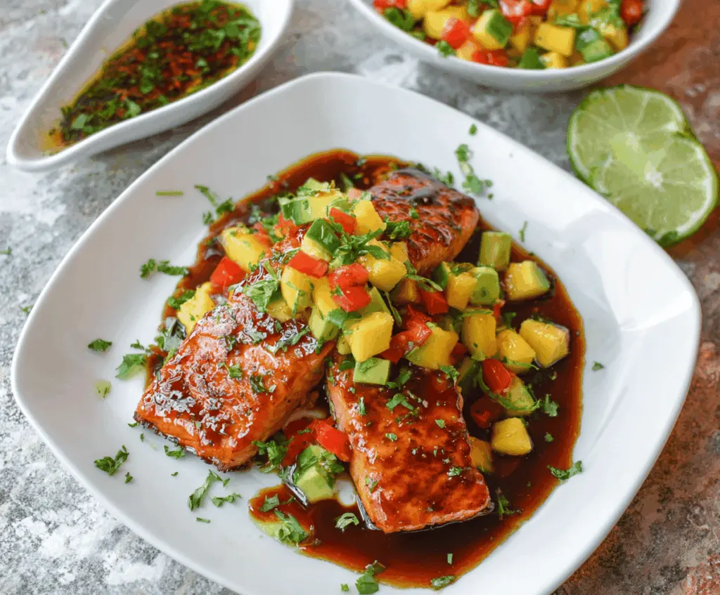 Juicy Mango Teriyaki Salmon fillet garnished with fresh mango slices and green herbs on a white plate, served with steamed vegetables