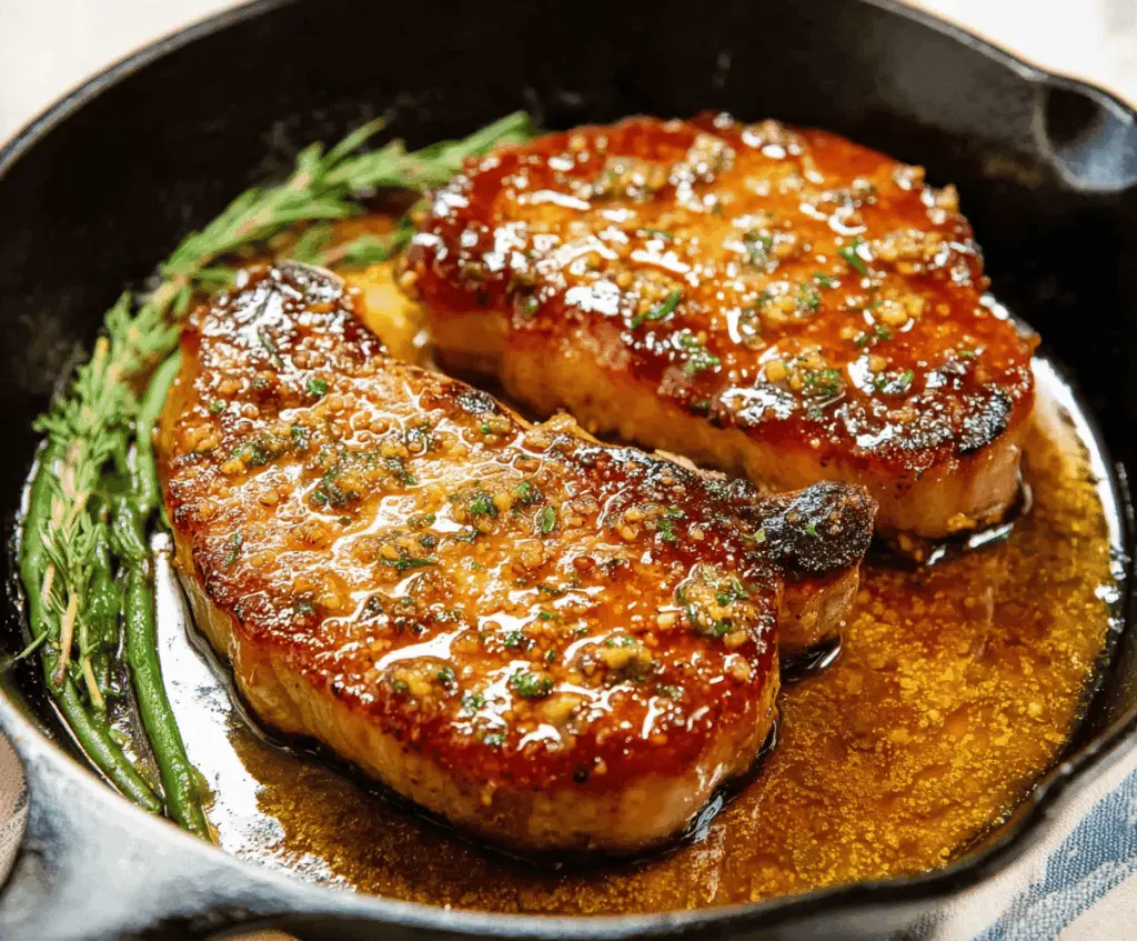 Juicy pork chops glazed with sweet maple syrup and garnished with fresh herbs on a rustic plate, perfect for a delicious Maple Glazed Pork Chops recipe