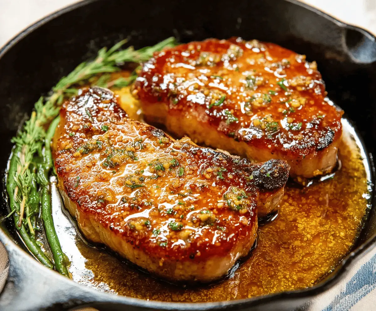 Juicy pork chops glazed with sweet maple syrup and garnished with fresh herbs on a rustic plate, perfect for a delicious Maple Glazed Pork Chops recipe