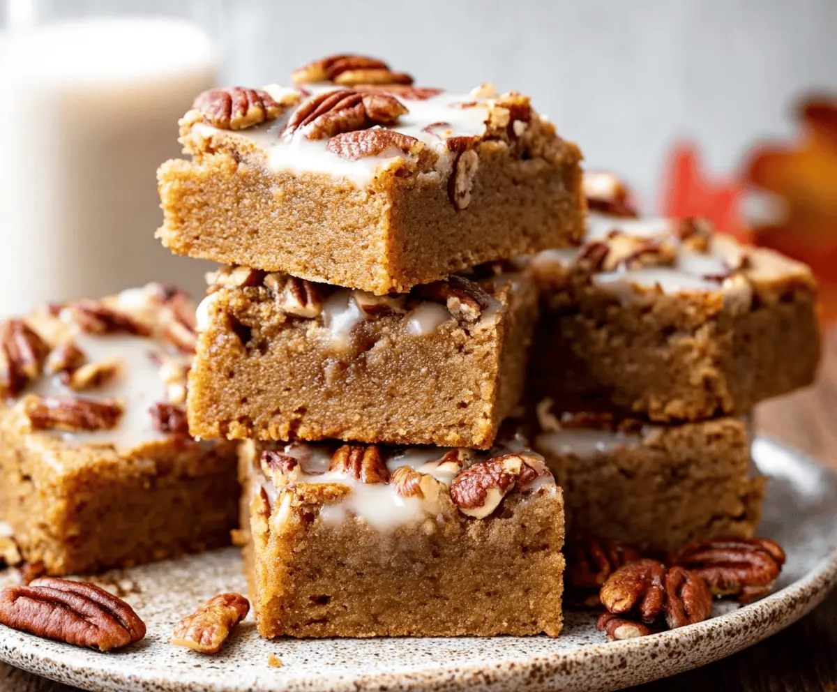 Delicious homemade Maple Pecan Blondies topped with chopped pecans and a golden caramel glaze, perfect for dessert or snacking.