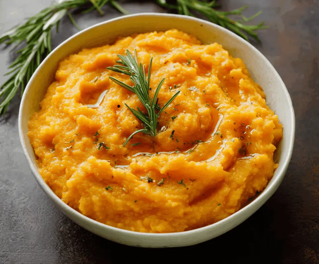 Creamy mashed butternut squash dish garnished with herbs, perfect for a healthy side.