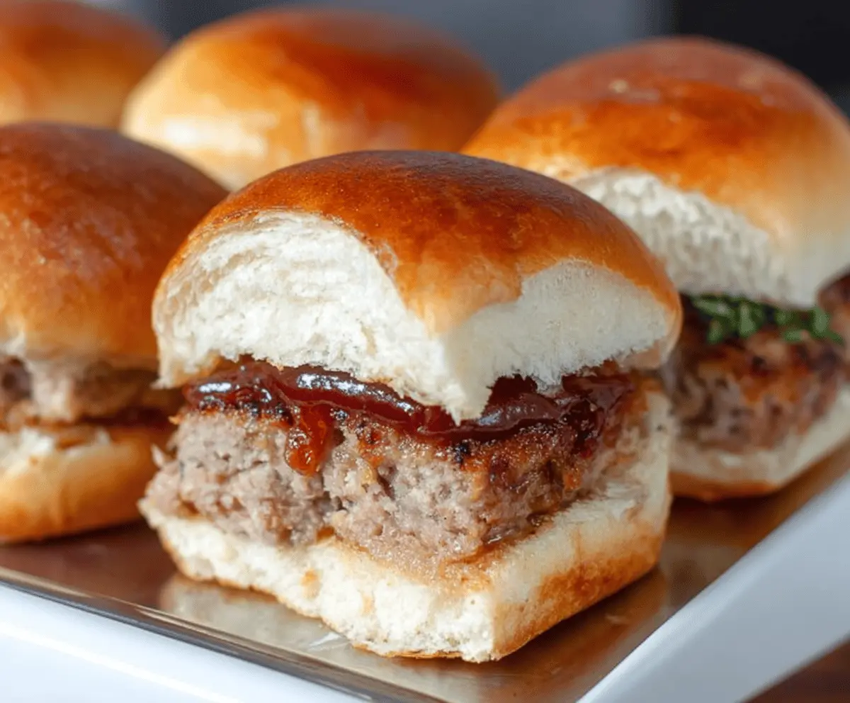 Delicious meatloaf sliders with melted cheese and fresh toppings on slider buns, perfect for a savory appetizer or meal