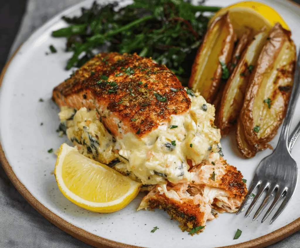 Delicious crab-stuffed salmon fillet with melted cheese and fresh herbs, perfect for a gourmet seafood dinner