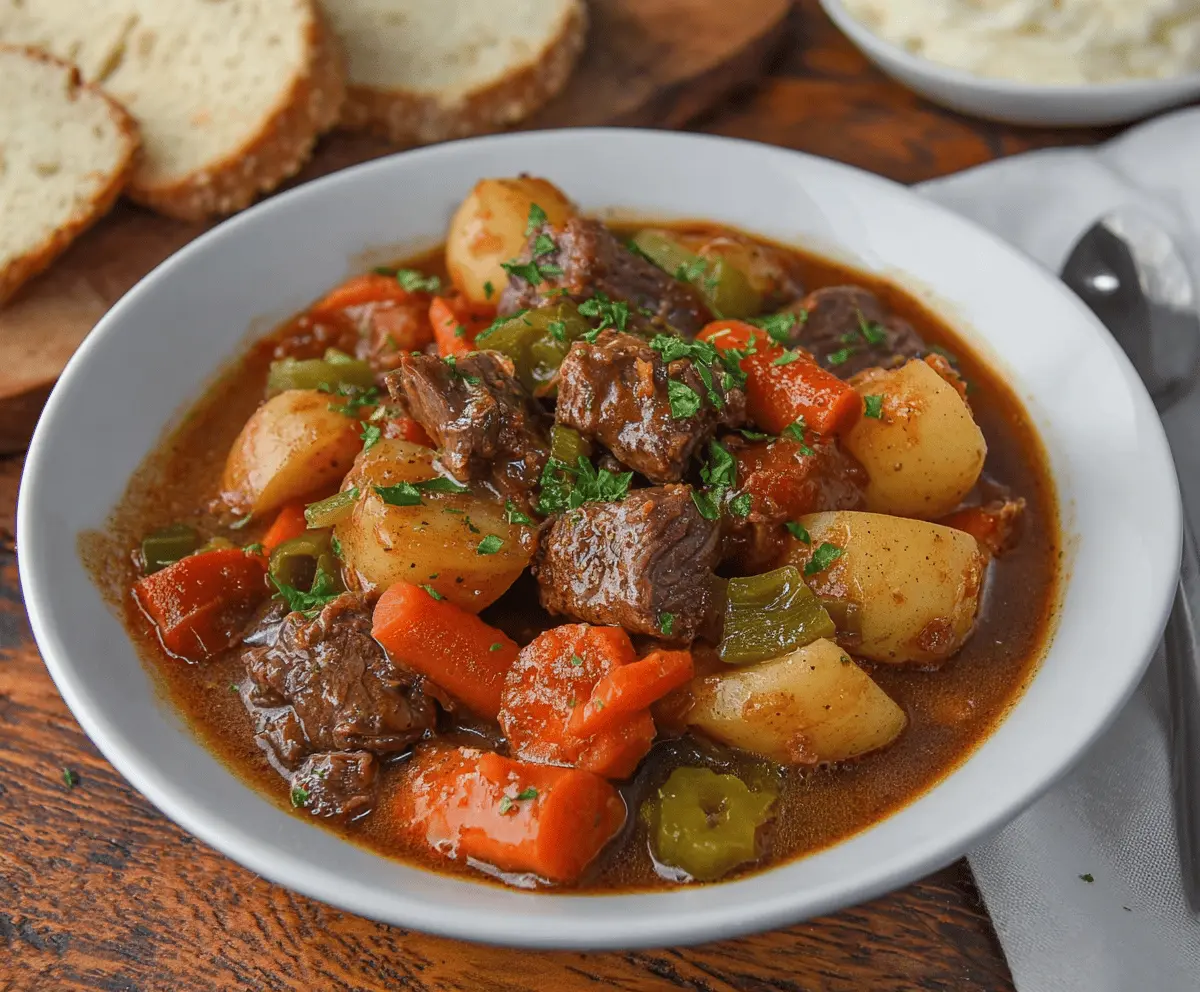 Hearty Mississippi Beef Stew with tender beef chunks, vegetables, and savory broth served in a rustic bowl