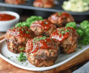 Delicious muffin tin meatloaf served in individual portions with a golden crust and fresh herbs on top