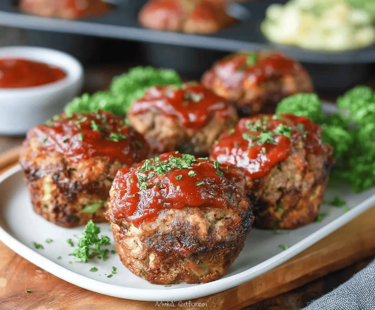 Delicious muffin tin meatloaf served in individual portions with a golden crust and fresh herbs on top