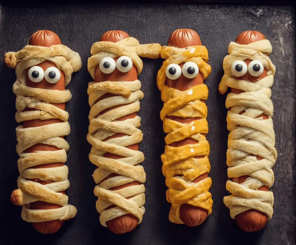 Fun and spooky Mummy Hot Dogs wrapped in crescent dough with googly eyes, perfect for Halloween parties.