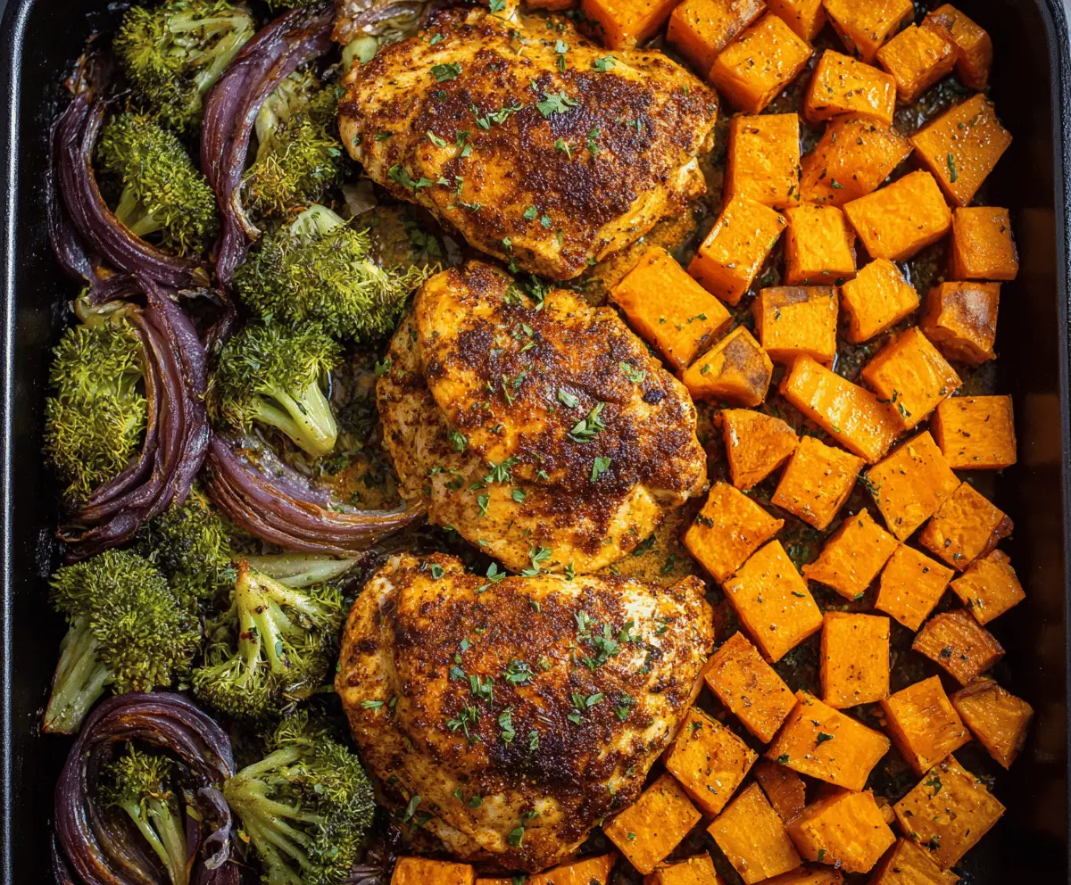 Delicious one-pan chicken with roasted sweet potatoes and herbs for a healthy dinner