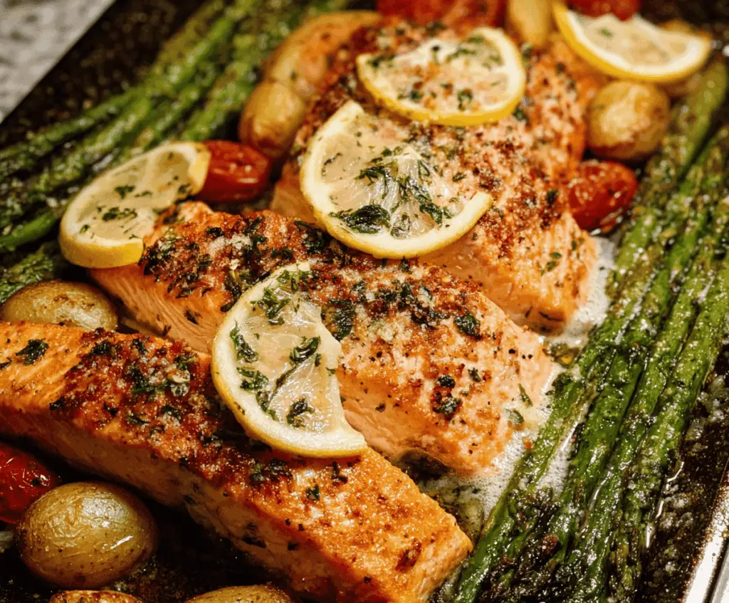 Delicious oven-roasted salmon fillet with herbs on a baking tray