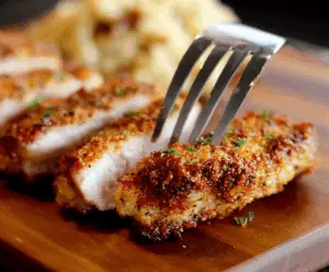 Juicy panko crusted pork chops cooked to perfection on a plate with garnishes, ready to serve