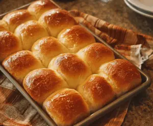 Freshly baked Parker House dinner rolls with golden crust and soft interior on a rustic wooden table.