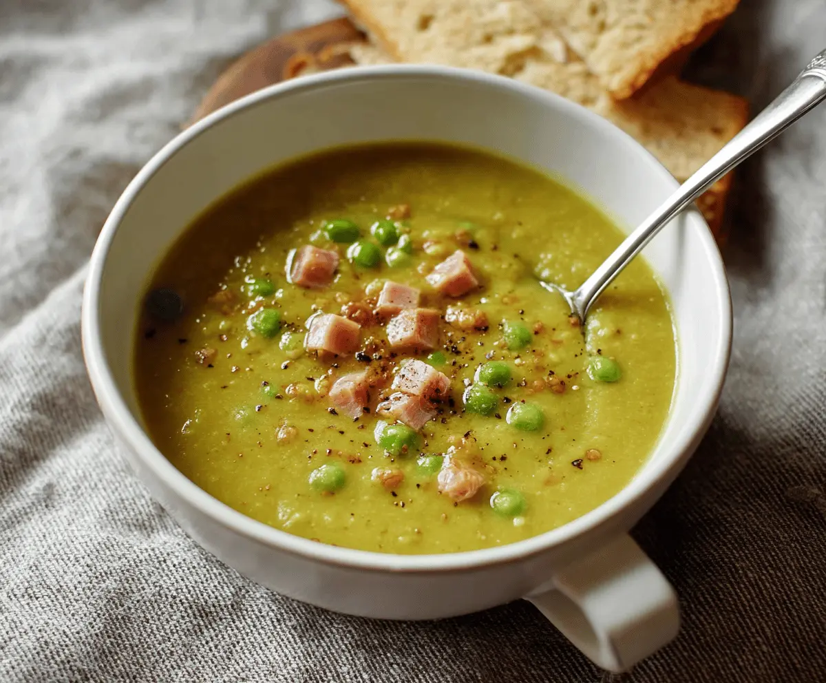 A steaming bowl of pea and ham soup garnished with fresh herbs, served with crusty bread on a rustic wooden table.